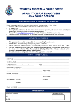 Western Australia Police Force Application for Employment As A