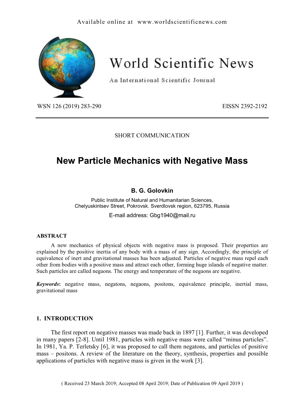 New Particle Mechanics with Negative Mass