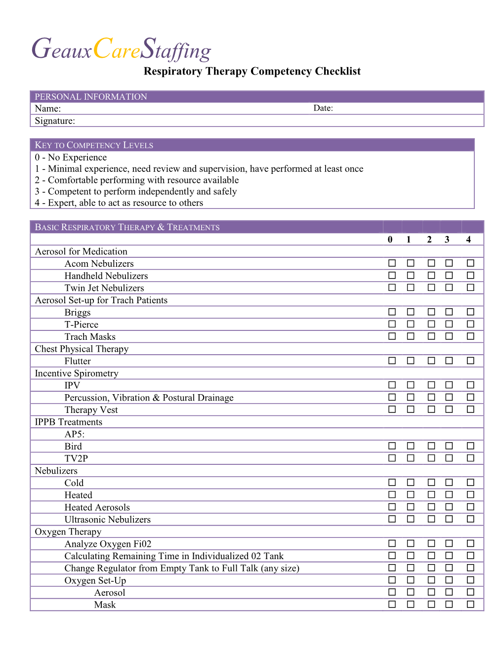 Respiratory Therapy Competency Checklist (PDF)