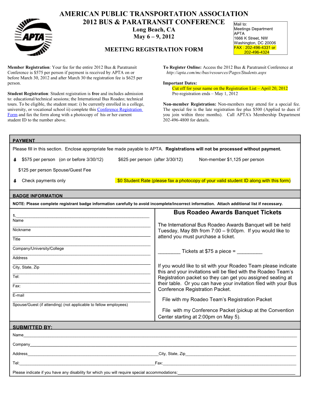 APTA 2012 Bus & Paratransit Conference Student Registration Form