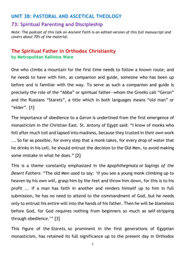 UNIT 3B: PASTORAL and ASCETICAL THEOLOGY 73: Spiritual Parenting and Discipleship the Spiritual Father in Orthodox Christianity