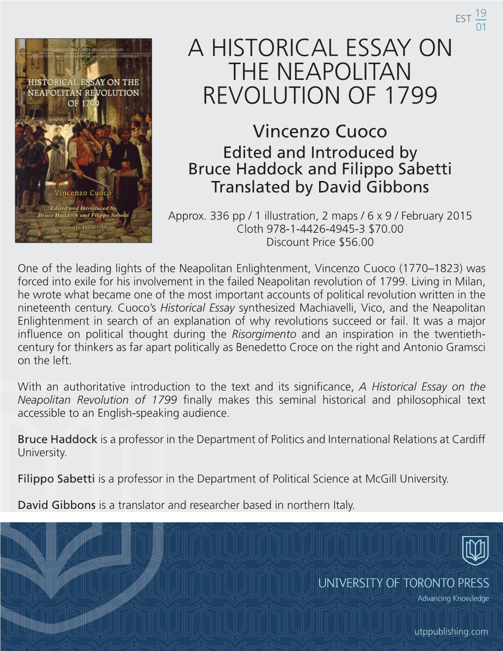 A HISTORICAL ESSAY on the NEAPOLITAN REVOLUTION of 1799 Vincenzo Cuoco Edited and Introduced by Bruce Haddock and Filippo Sabetti Translated by David Gibbons