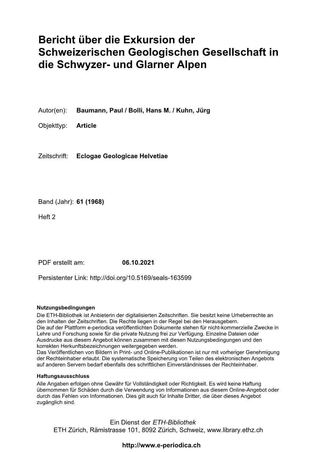 Bericht Über Die Exkursion Der Schweizerischen Geologischen Gesellschaft in Die Schwyzer- Und Glarner Alpen