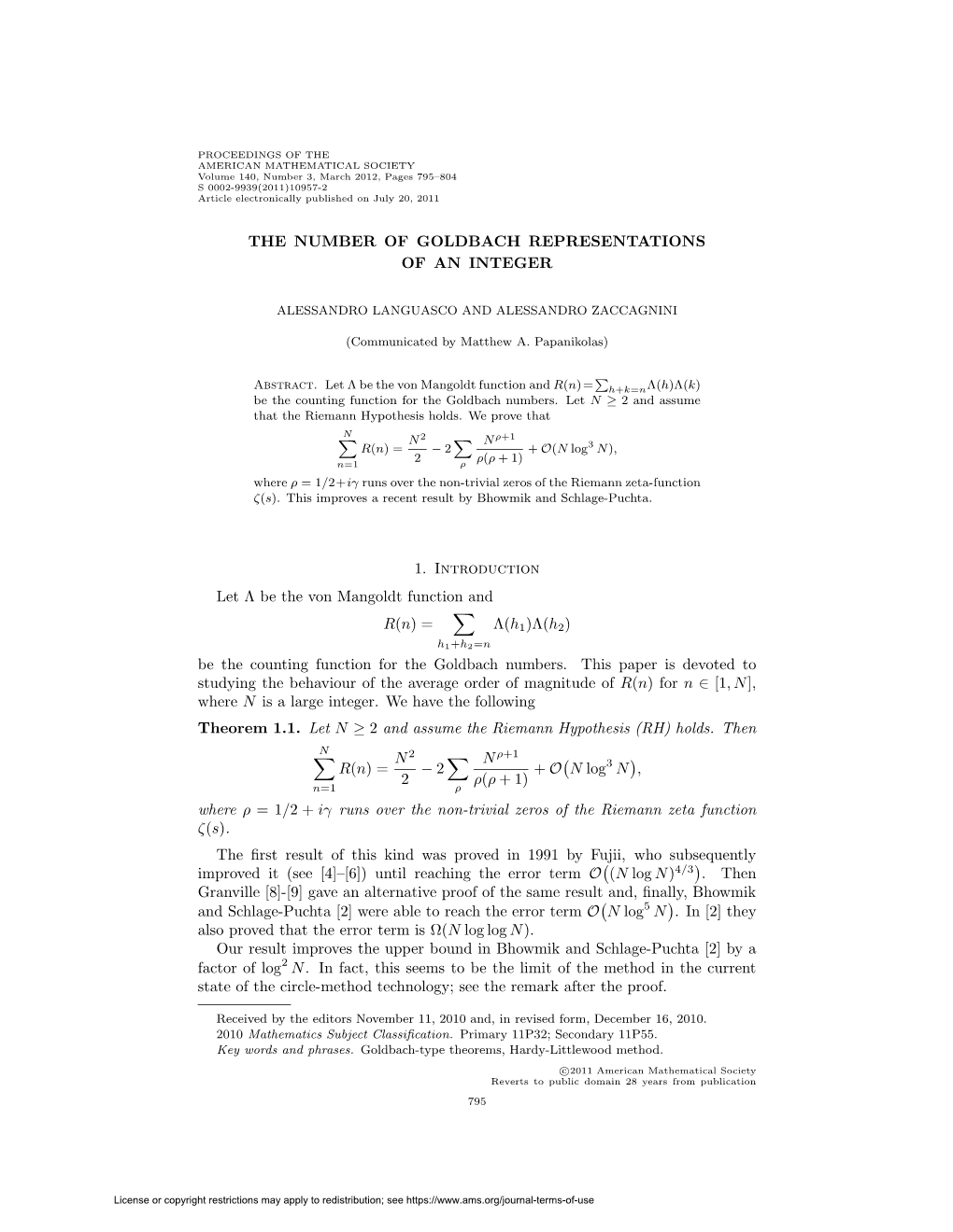 The Number of Goldbach Representations of an Integer