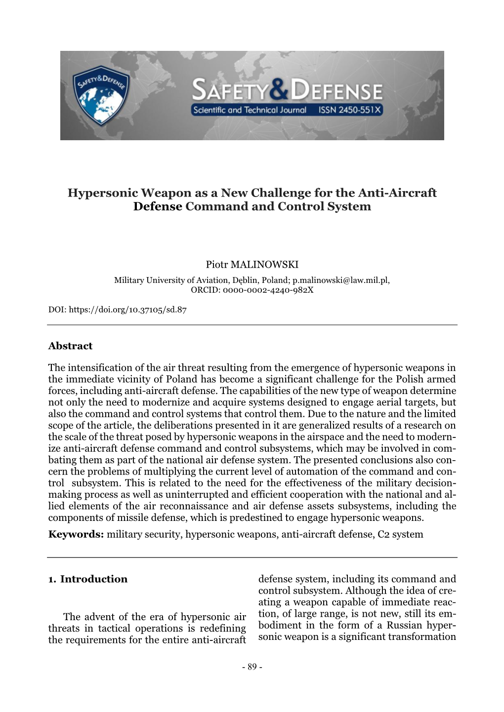 Hypersonic Weapon As a New Challenge for the Anti-Aircraft Defense Command and Control System