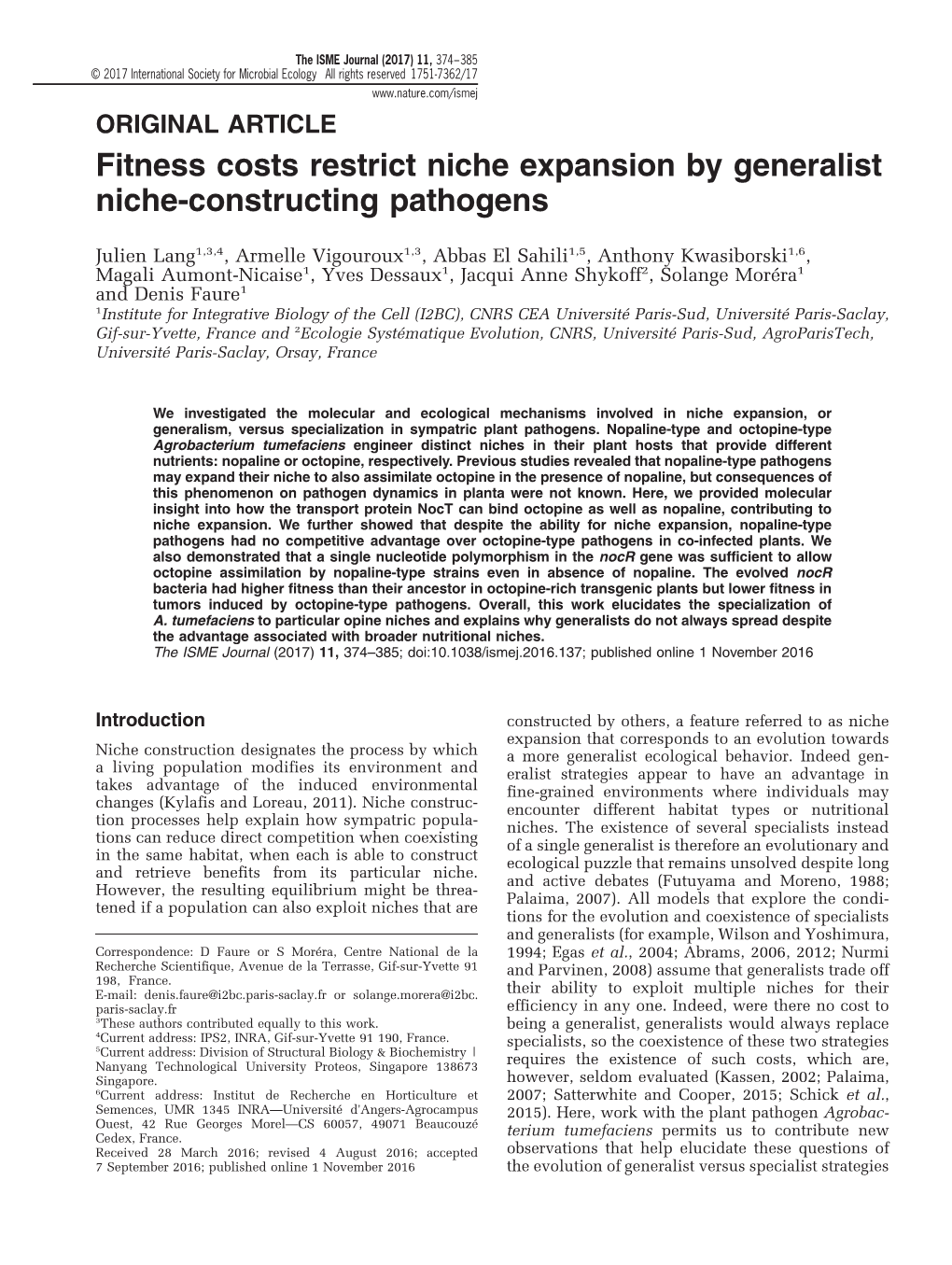 Fitness Costs Restrict Niche Expansion by Generalist Niche-Constructing Pathogens