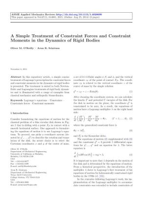 A Simple Treatment of Constraint Forces and Constraint Moments in the Dynamics of Rigid Bodies