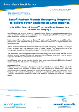Press Release Sanofi Pasteur Sanofi Pasteur Mounts Emergency