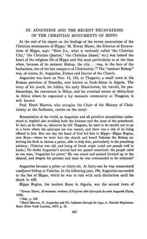 ST. AUGUSTINE and the RECENT EXCAVATIONS of the CHRISTIAN MONUMENTS of HIPPO at the End of His Report on the Findings of The