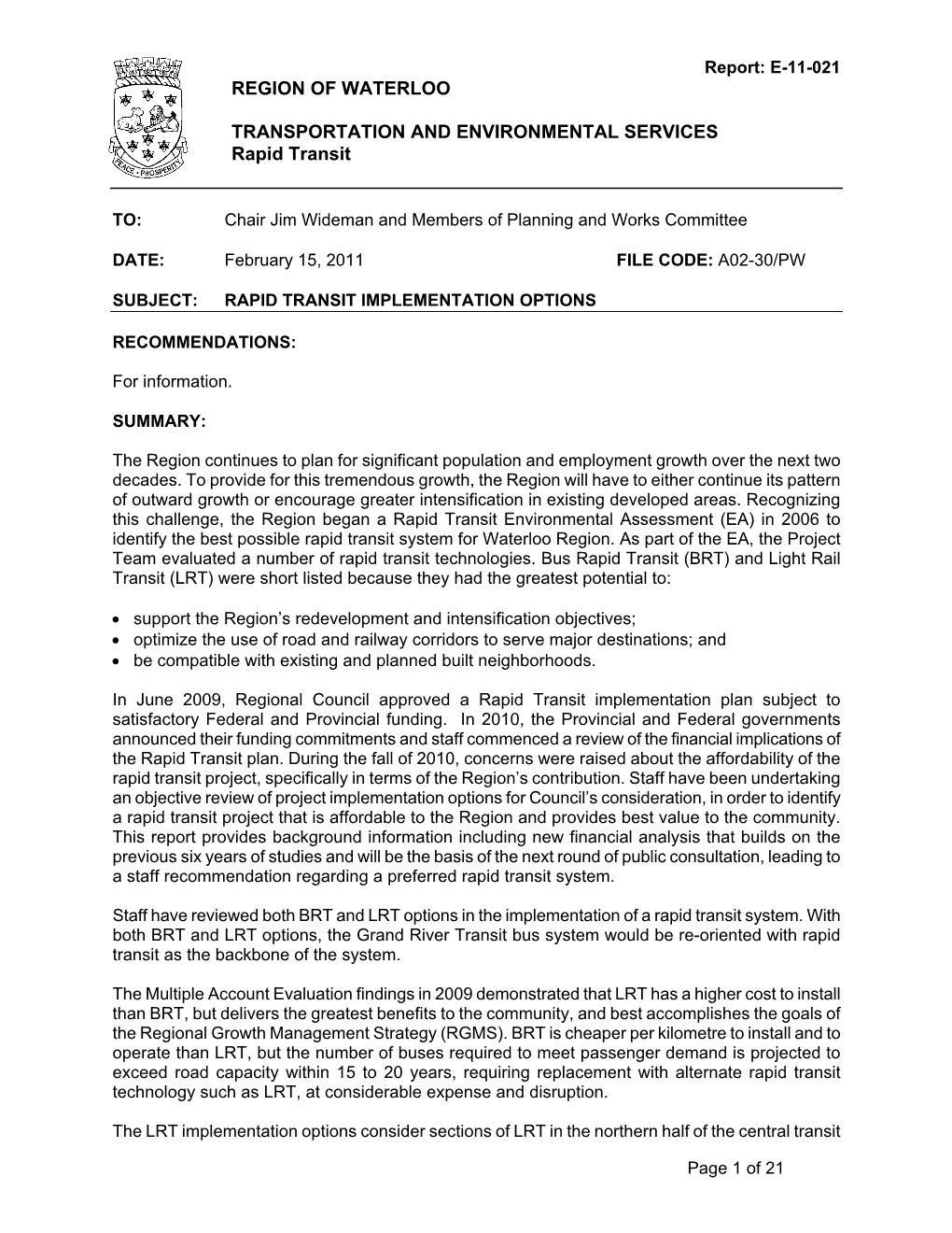 Rapid Transit Implementation Options