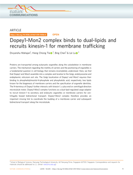 Dopey1-Mon2 Complex Binds to Dual-Lipids and Recruits Kinesin-1 for Membrane Trafﬁcking