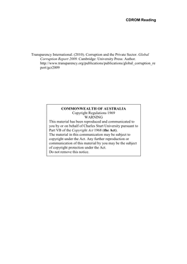 CDROM Reading Transparency International. (2010). Corruption and the Private Sector. Global Corruption Report 2009. Cambridge: U