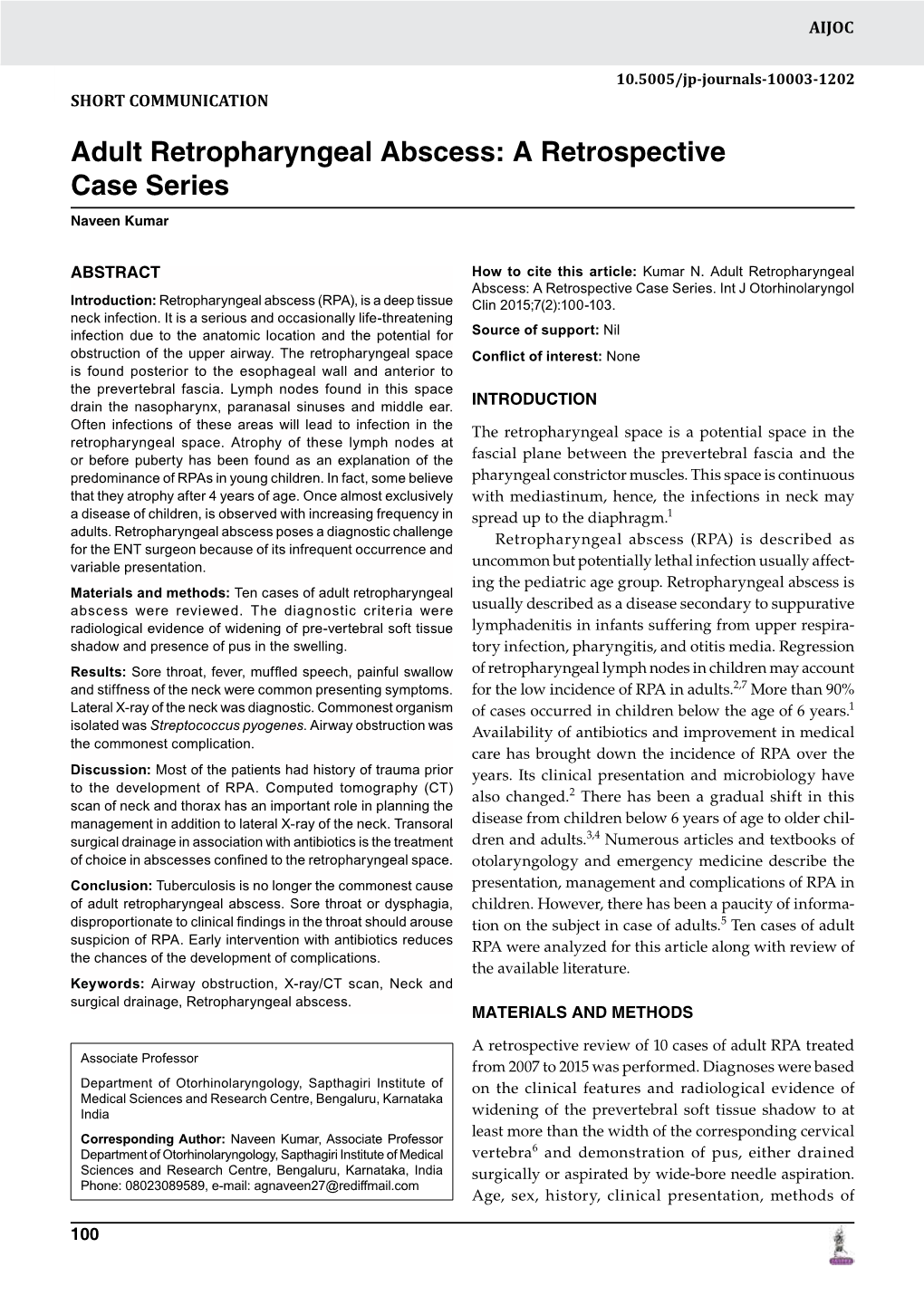 Adult Retropharyngeal Abscess: a Retrospective Case Series Naveen Kumar