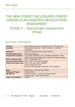 THE NEW FOREST INCLOSURES FOREST DESIGN PLAN HABITATS REGULATIONS ASSESSMENT STAGE 2 – Appropriate Assessment (Final)