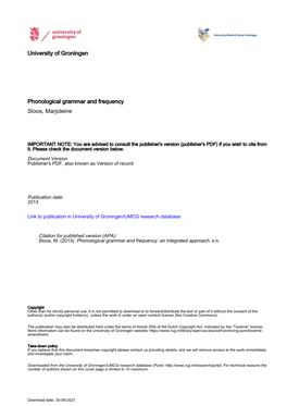 University of Groningen Phonological Grammar and Frequency Sloos