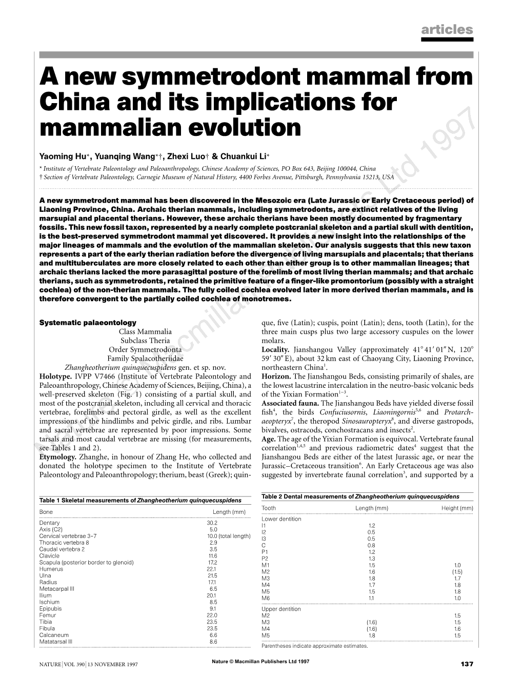 A New Symmetrodont Mammal from China and Its Implications for Mammalian Evolution