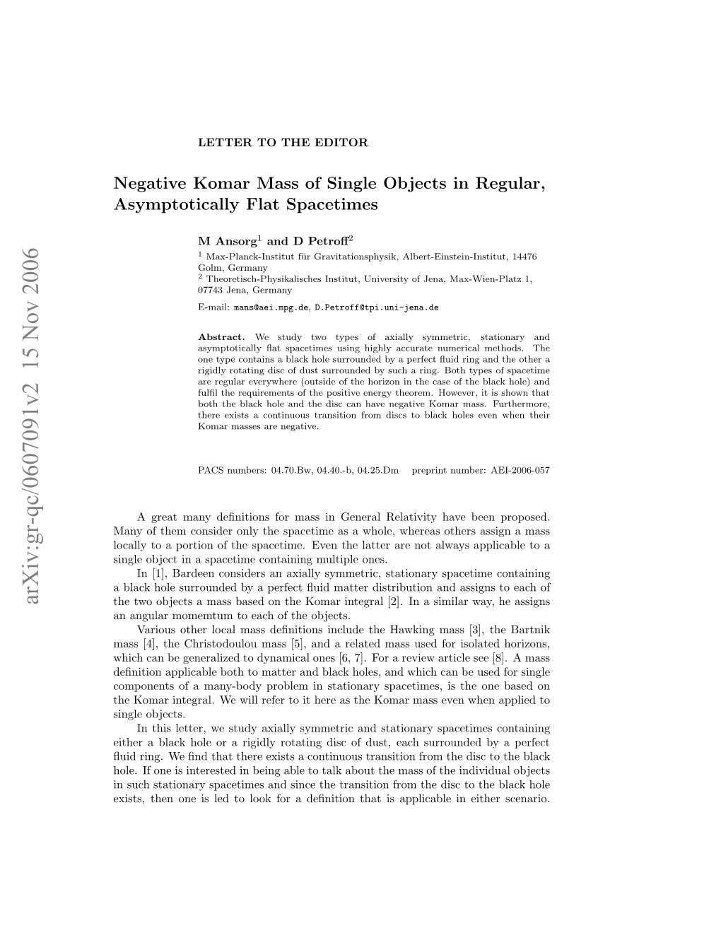 Negative Komar Mass of Single Objects in Regular, Asymptotically