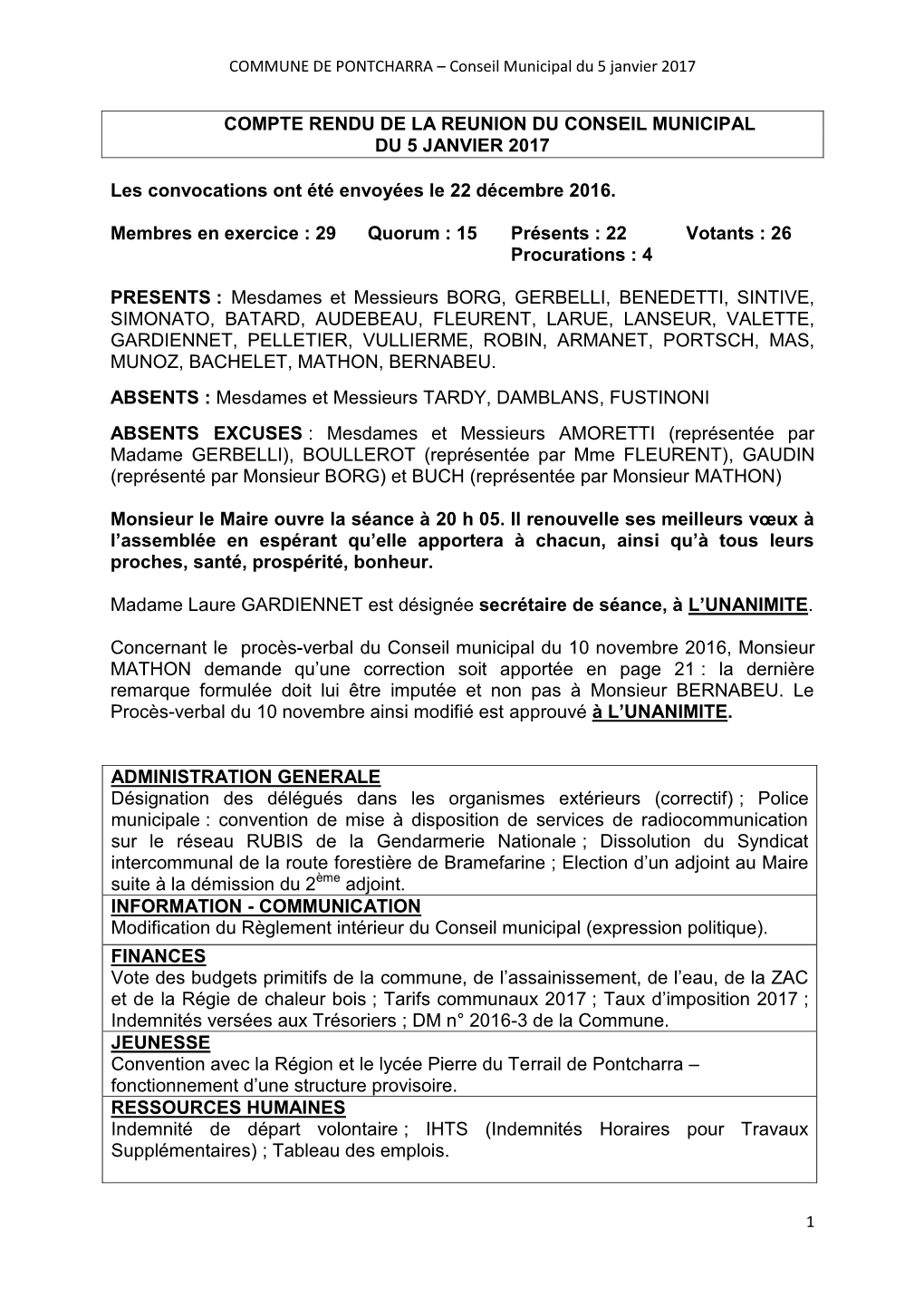 Compte Rendu De La Reunion Du Conseil Municipal Du 5 Janvier 2017