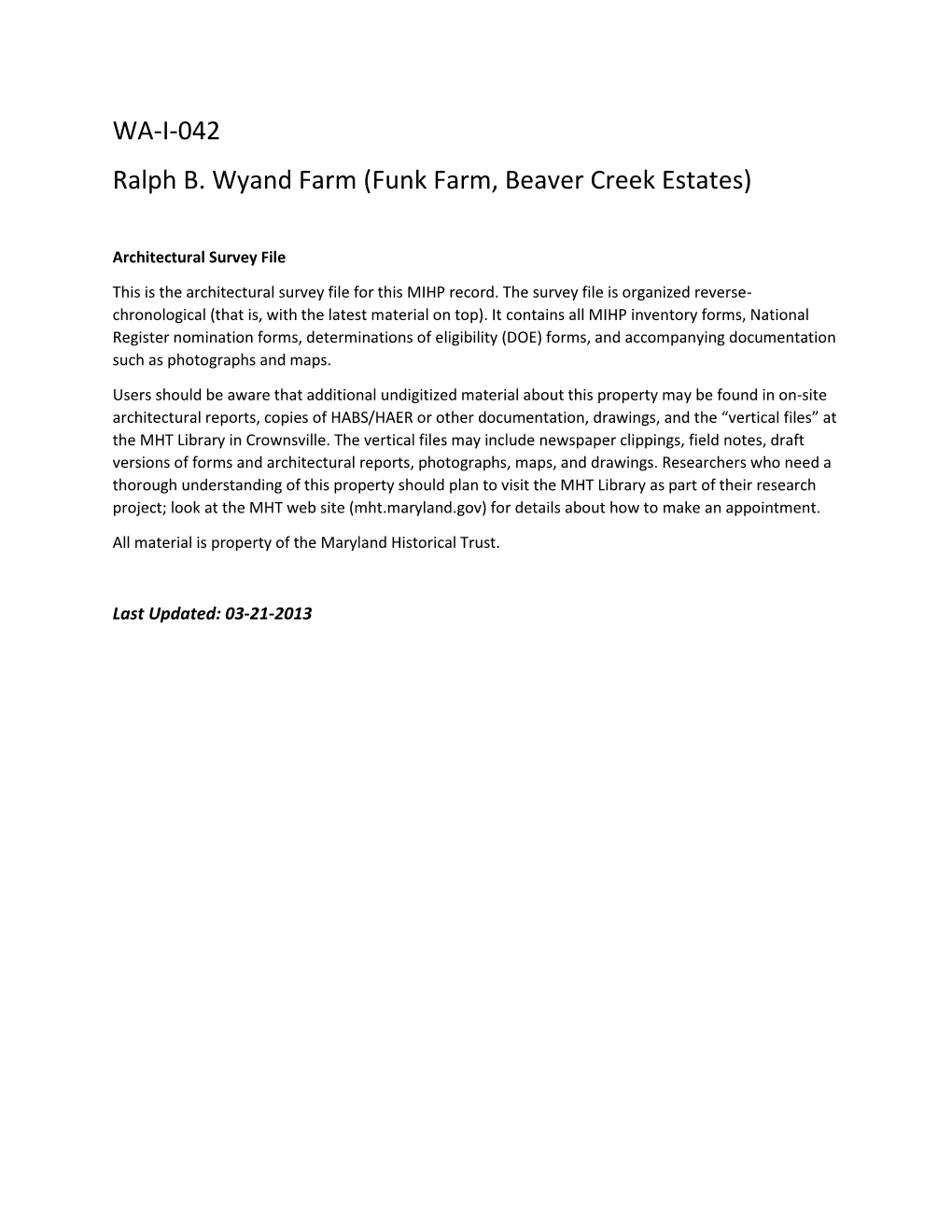 WA-I-042 Ralph B. Wyand Farm (Funk Farm, Beaver Creek Estates)