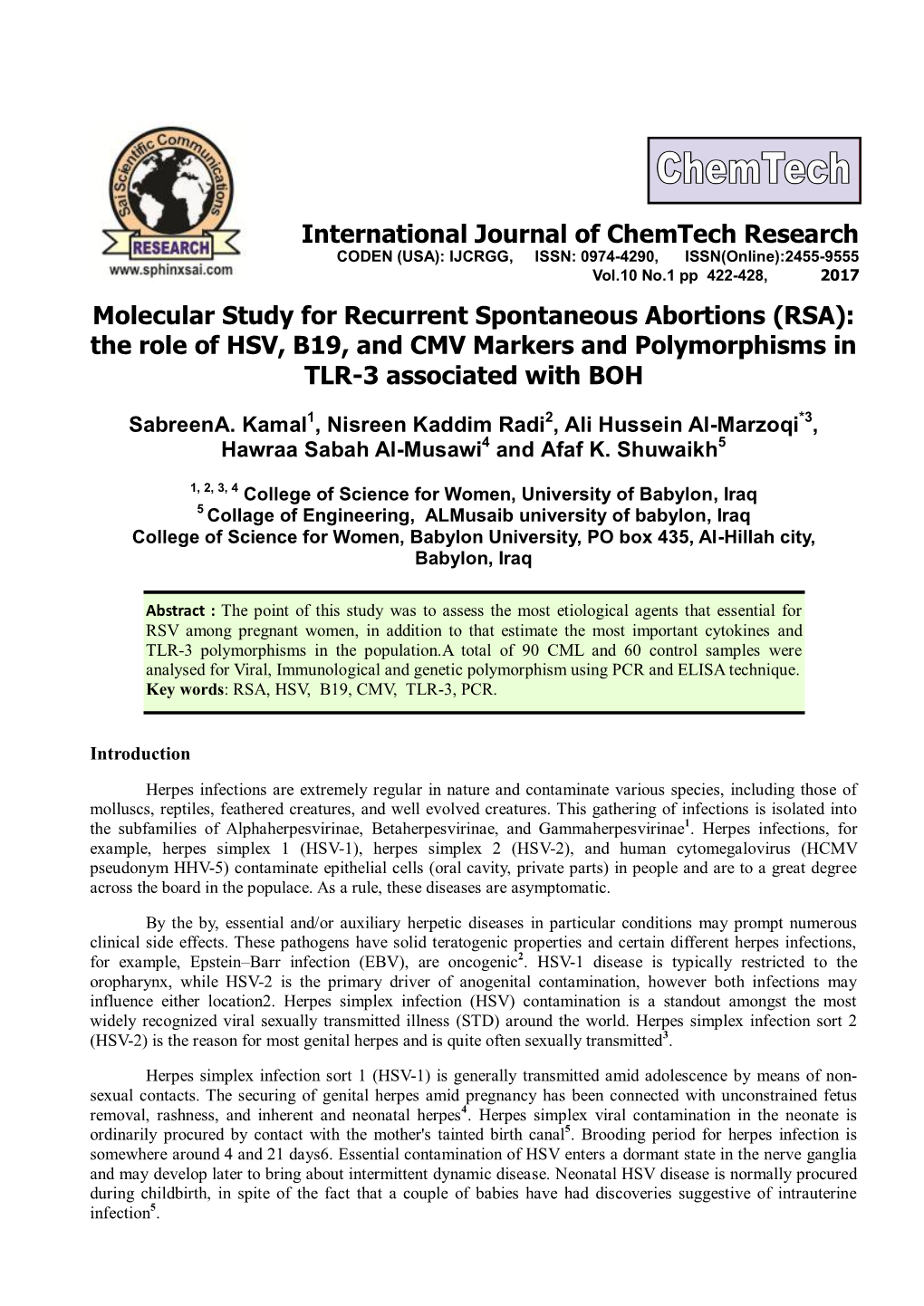 Molecular Study for Recurrent Spontaneous Abortions (RSA): the Role of HSV, B19, and CMV Markers and Polymorphisms in TLR-3 Associated with BOH