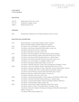 TONY BEVAN B. 1951, Bradford EDUCATION 1974-76 Slade School of Fine Art, London 1971-74 Goldsmiths' College, London 1968-71