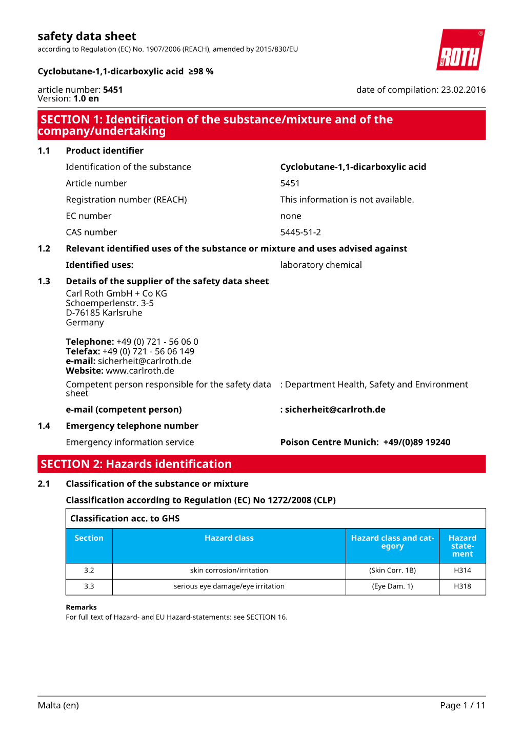 Safety Data Sheet: Cyclobutane-1,1-Dicarboxylic Acid