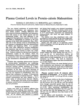 Plasma Cortisol Levels in Protein-Calorie Malnutrition