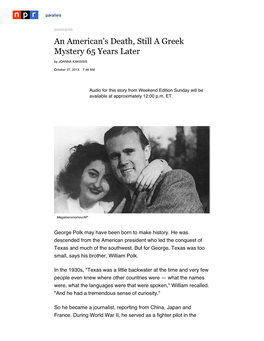 An American's Death, Still a Greek Mystery 65 Years Later by JOANNA KAKISSIS