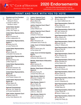 2020 Endorsements Visit to See Our TRUSTED by VOTERS SINCE 1964 Endorsements in Your Area and Build Your Own Ballot
