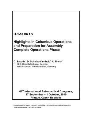 Highlights in Columbus Operations and Preparation for Assembly Complete Operations Phase