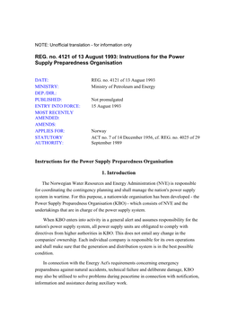 REG. No. 4121 of 13 August 1993: Instructions for the Power Supply Preparedness Organisation