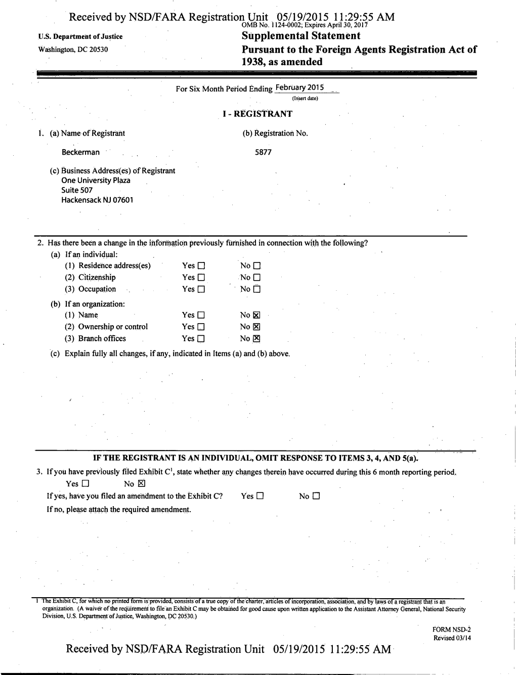 Supplemental Statement Washington, DC 20530 Pursuant to the Foreign Agents Registration Act of 1938, As Amended