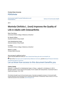 Morinda Citrifolia L. (Noni) Improves the Quality of Life in Adults with Osteoarthritis