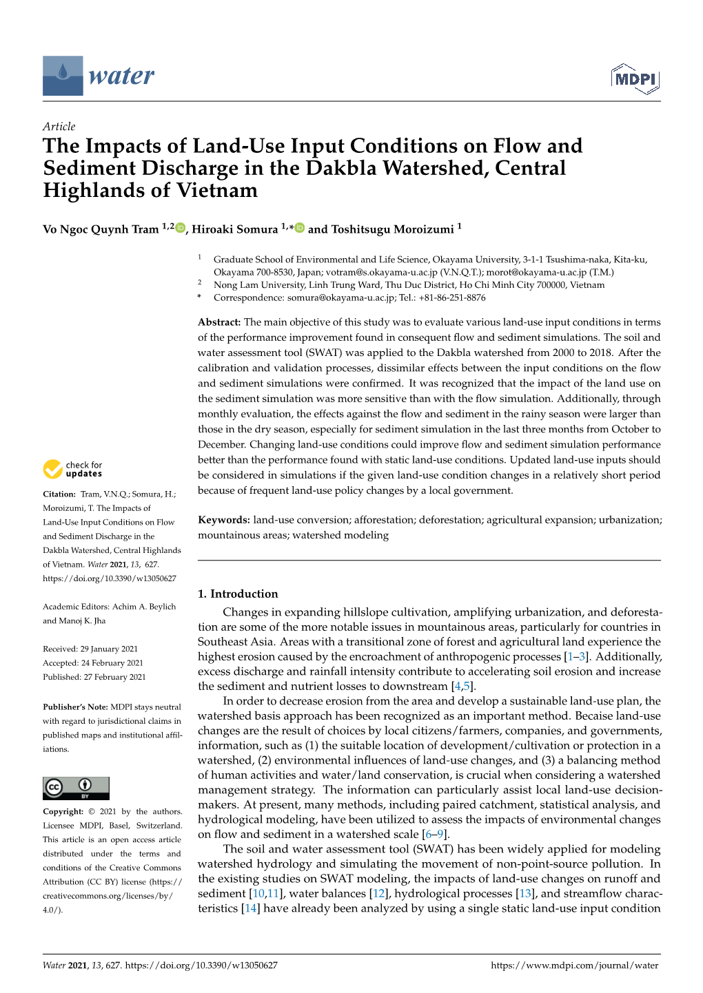 The Impacts of Land-Use Input Conditions on Flow and Sediment Discharge in the Dakbla Watershed, Central Highlands of Vietnam