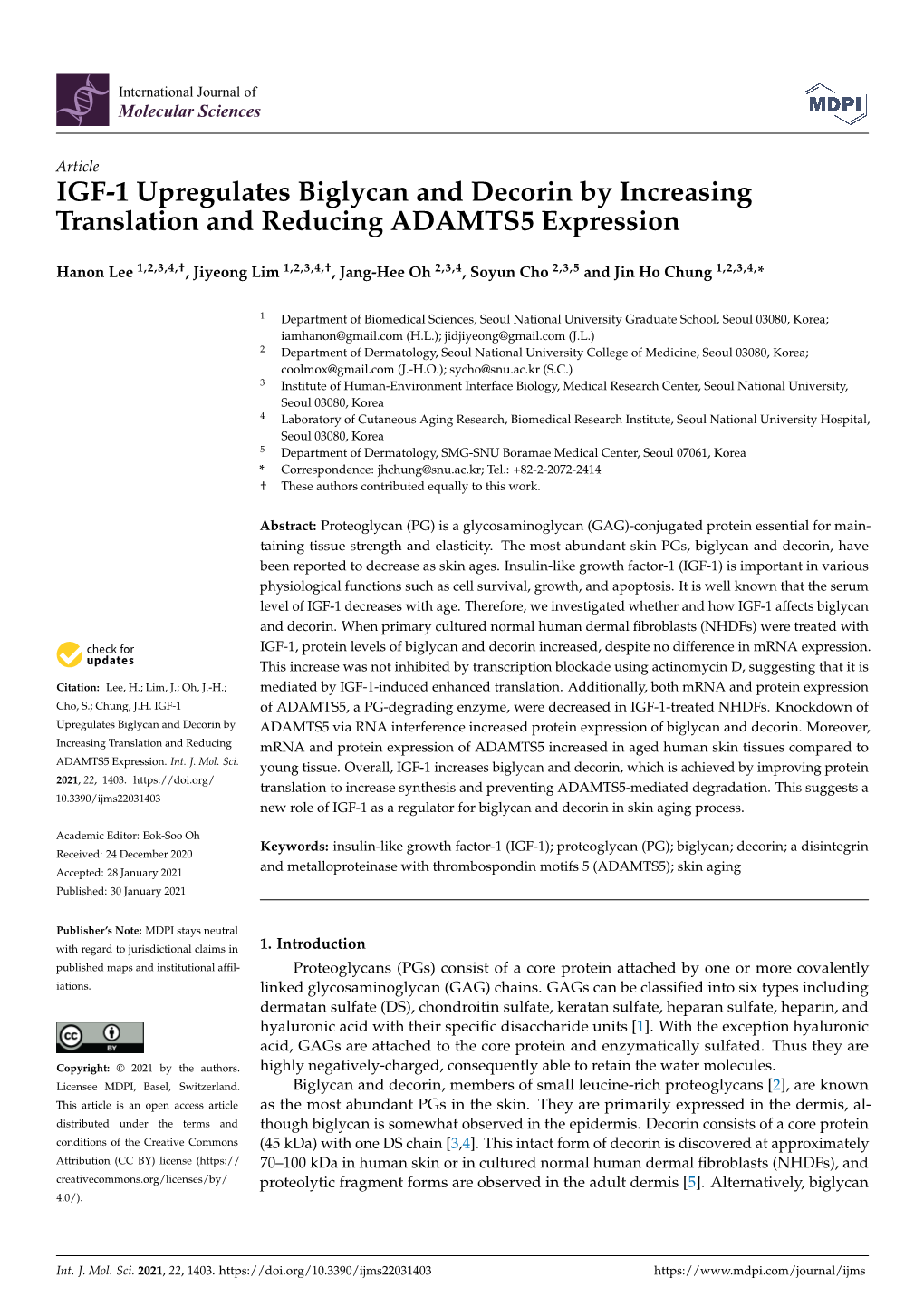 IGF-1 Upregulates Biglycan and Decorin by Increasing Translation and Reducing ADAMTS5 Expression