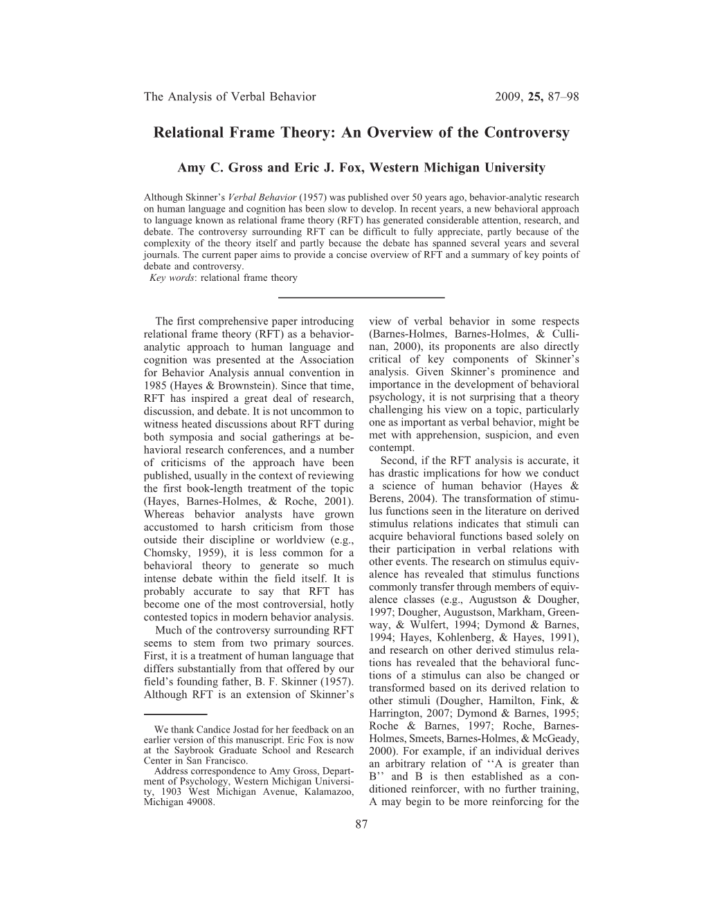 Relational Frame Theory: an Overview of the Controversy