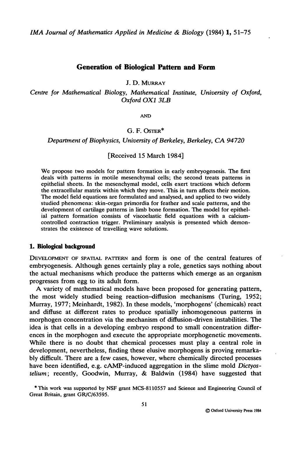 Generation of Biological Pattern and Form