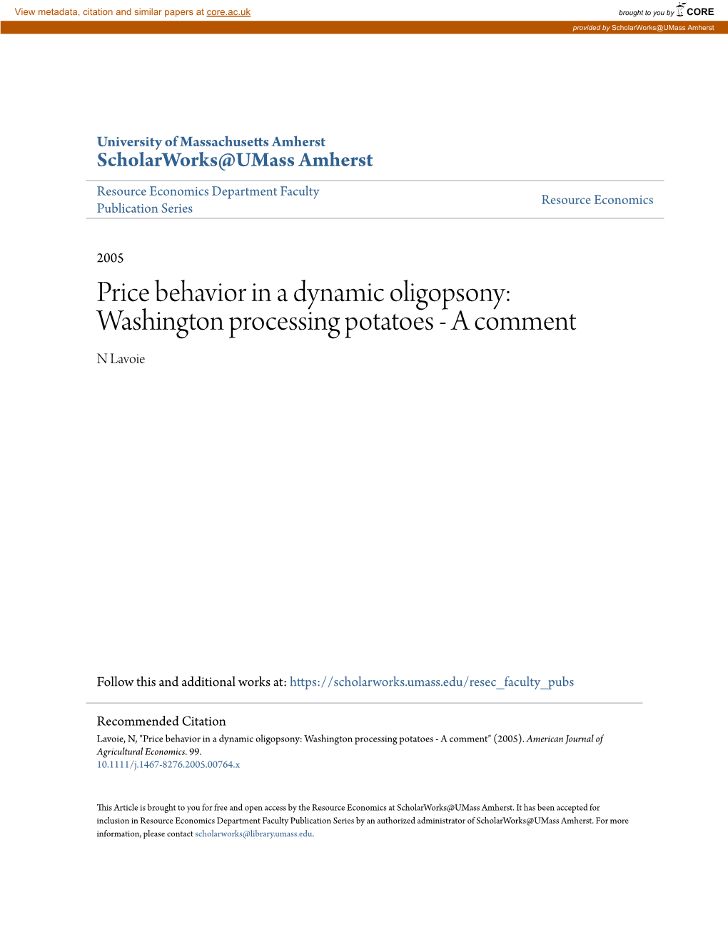 Price Behavior in a Dynamic Oligopsony: Washington Processing Potatoes - a Comment N Lavoie