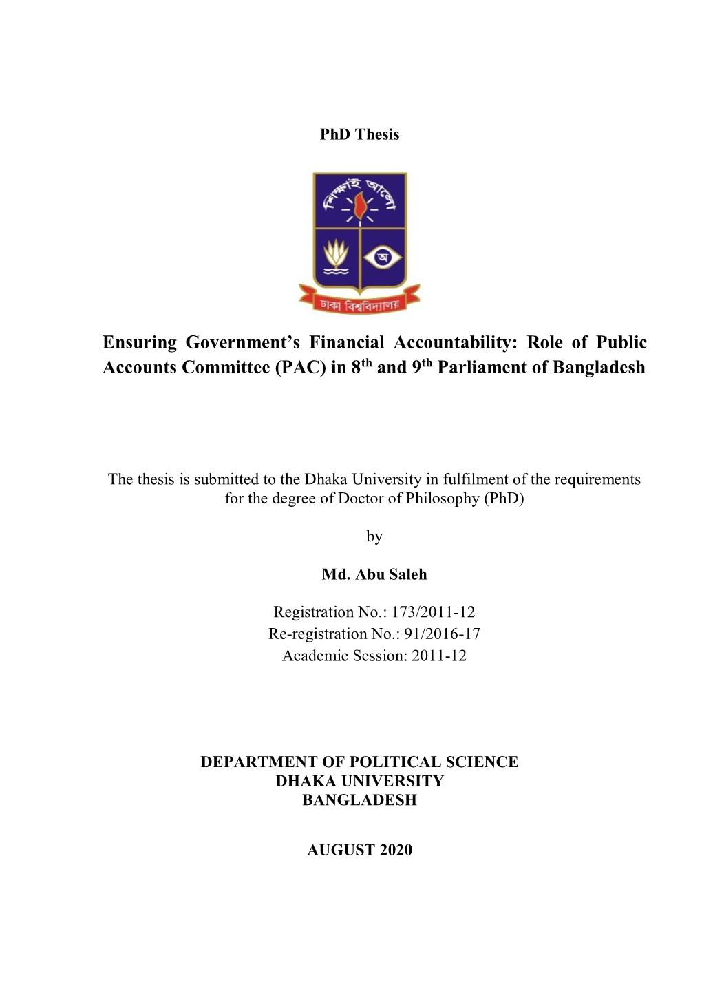 Role of Public Accounts Committee (PAC) in 8Th and 9Th Parliament of Bangladesh