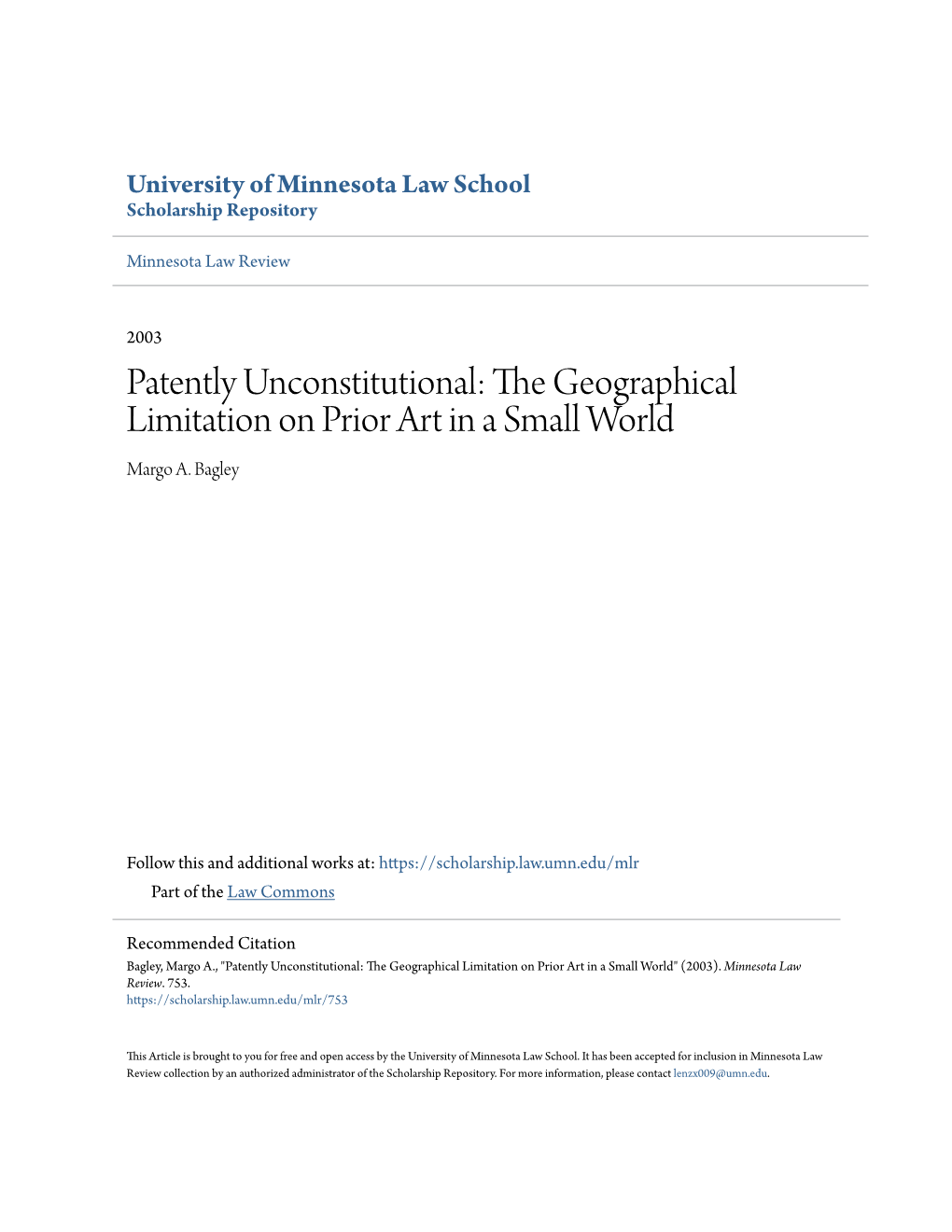 Patently Unconstitutional: the Geographical Limitation on Prior Art in a Small World Margo A