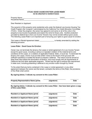 CTCAC GOOD CAUSE EVICTION LEASE RIDER (To Be Attached to Resident Lease)