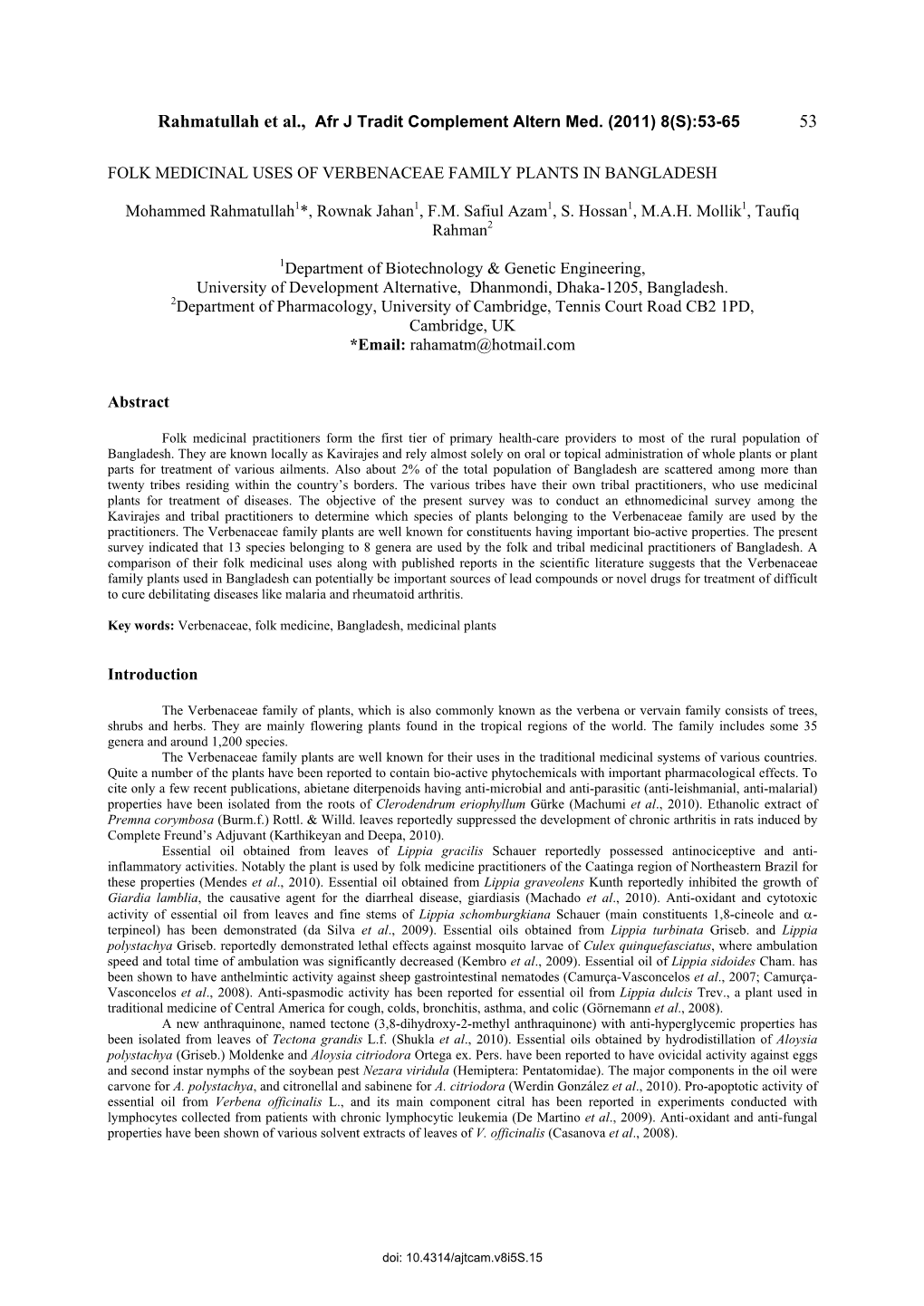 Rahmatullah Et Al., Afr J Tradit Complement Altern Med. (2011) 8(S):53-65 53