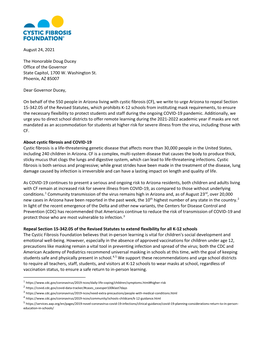 CF Foundation Letter to Arizona Governor on Masks in Schools