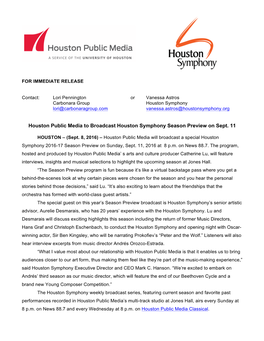 Houston Public Media to Broadcast Houston Symphony Season Preview on Sept