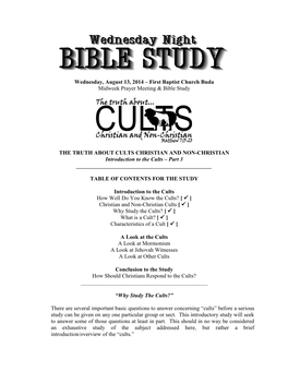 Wednesday, August 13, 2014 – First Baptist Church Buda Midweek Prayer Meeting & Bible Study the TRUTH ABOUT CULTS CHRISTIA