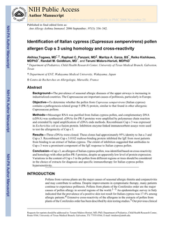 (Cupressus Sempervirens) Pollen Allergen Cup S 3 Using Homology and Cross-Reactivity