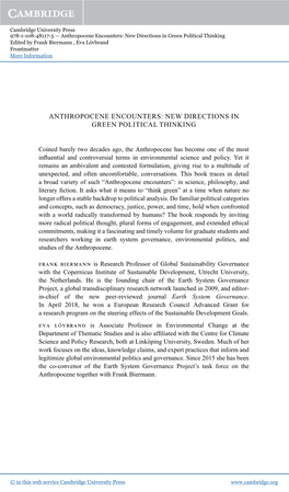 Anthropocene Encounters: New Directions in Green Political Thinking Edited by Frank Biermann , Eva Lövbrand Frontmatter More Information
