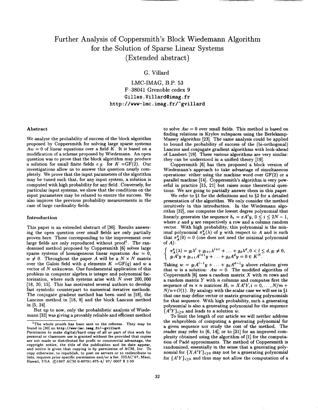 Further Analysis of Coppersmith's Block Wiedemann Algorithm for the Solution of Sparse Linear Systems (Extended Abstract)