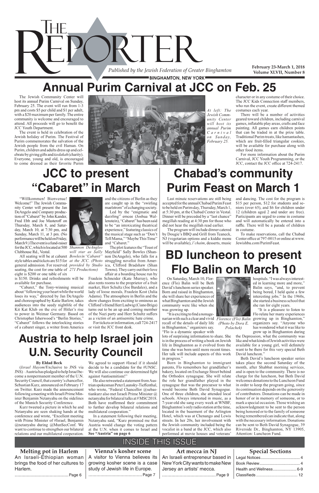 Chabad's Community Purim Feast on March 1 Annual Purim Carnival at JCC on Feb. 25 BD Luncheon to Present Flo Balin on March 10