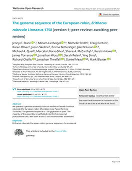 The Genome Sequence of the European Robin, Erithacus Rubecula Linnaeus 1758 [Version 1; Peer Review: Awaiting Peer Review]